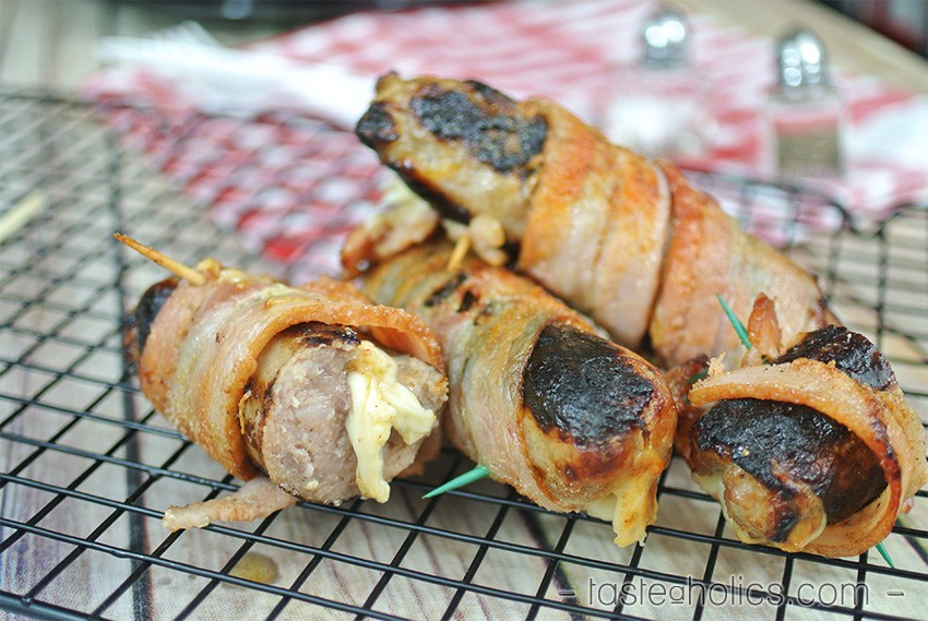 Cheesy Bacon Wrapped Hot Dogs cut open