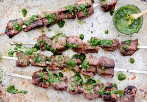 Beer Marinated Low Carb Lamb Skewers with Chimichurri Sauce