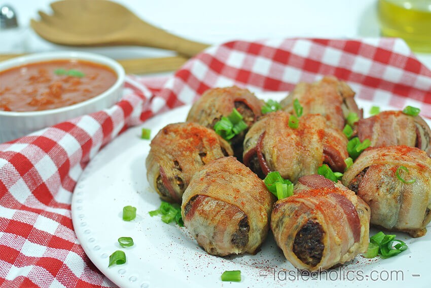 Low Carb Cheesy Pesto Stuffed Meatballs in Bacon