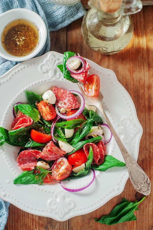 Keto Italian Spinach Salad with Pepperoni