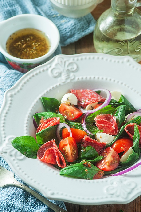 Low Carb Italian Spinach Salad with Pepperoni