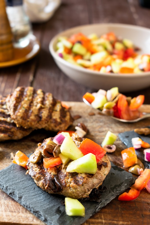 Keto Lamb Burgers Topped with Greek Salad