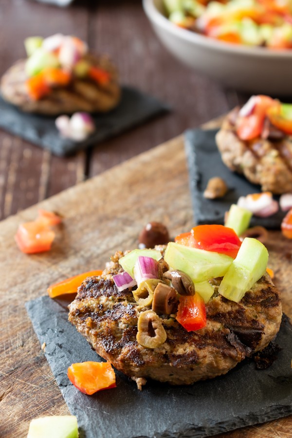 Low Carb Lamb Burgers Topped with Greek Salad