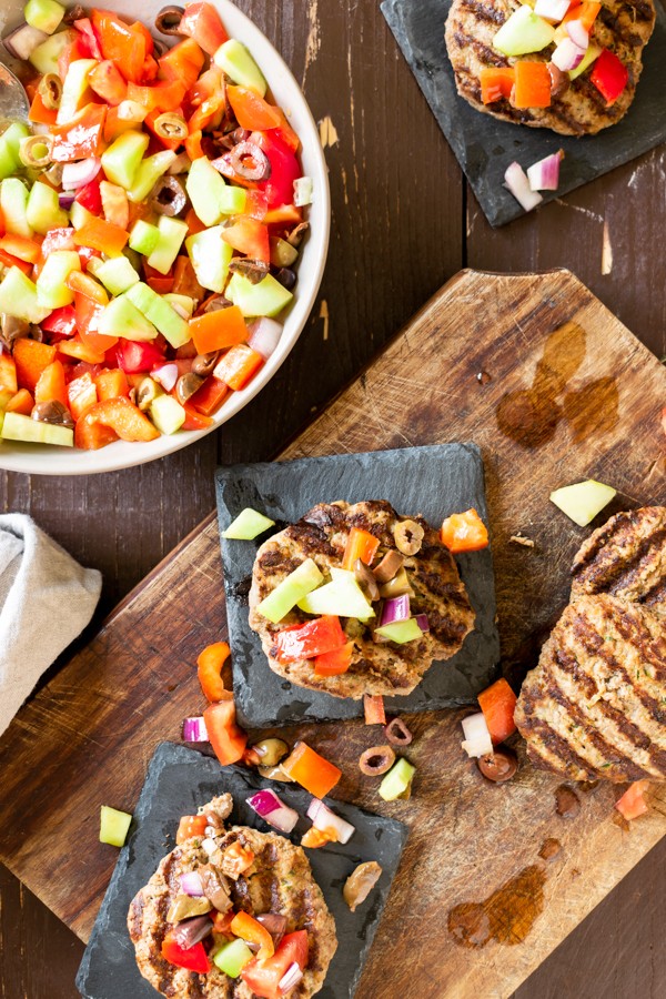 Keto Lamb Burgers Topped with Greek Salad