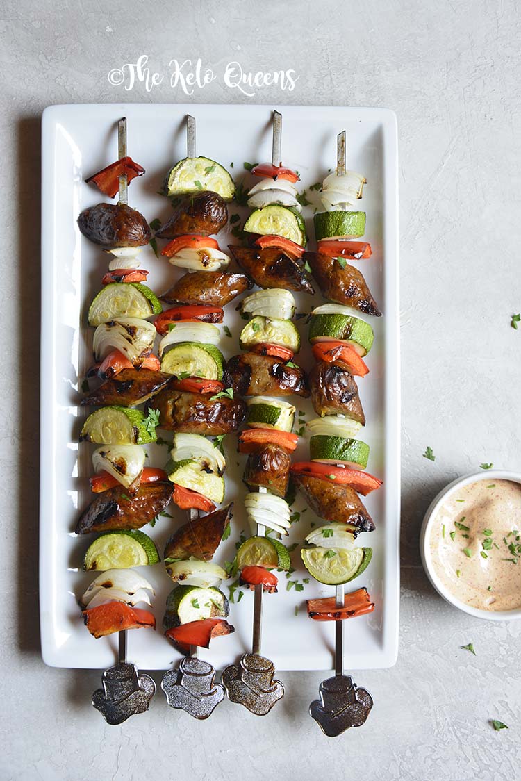 Low Carb Sausage Vegetable Kebabs with Garlic Aioli