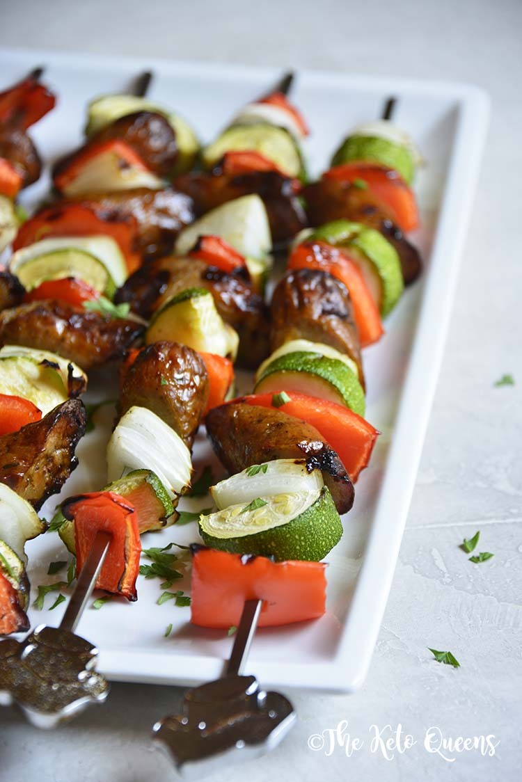 Low Carb Sausage Vegetable Kebabs with Easy Garlic Aioli